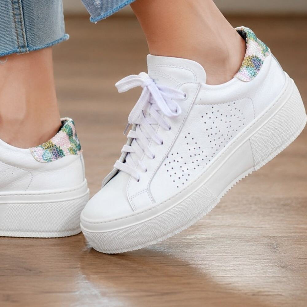 P448 Louise White Leather Rainbow Snake Sneakers Size 39 / US 8